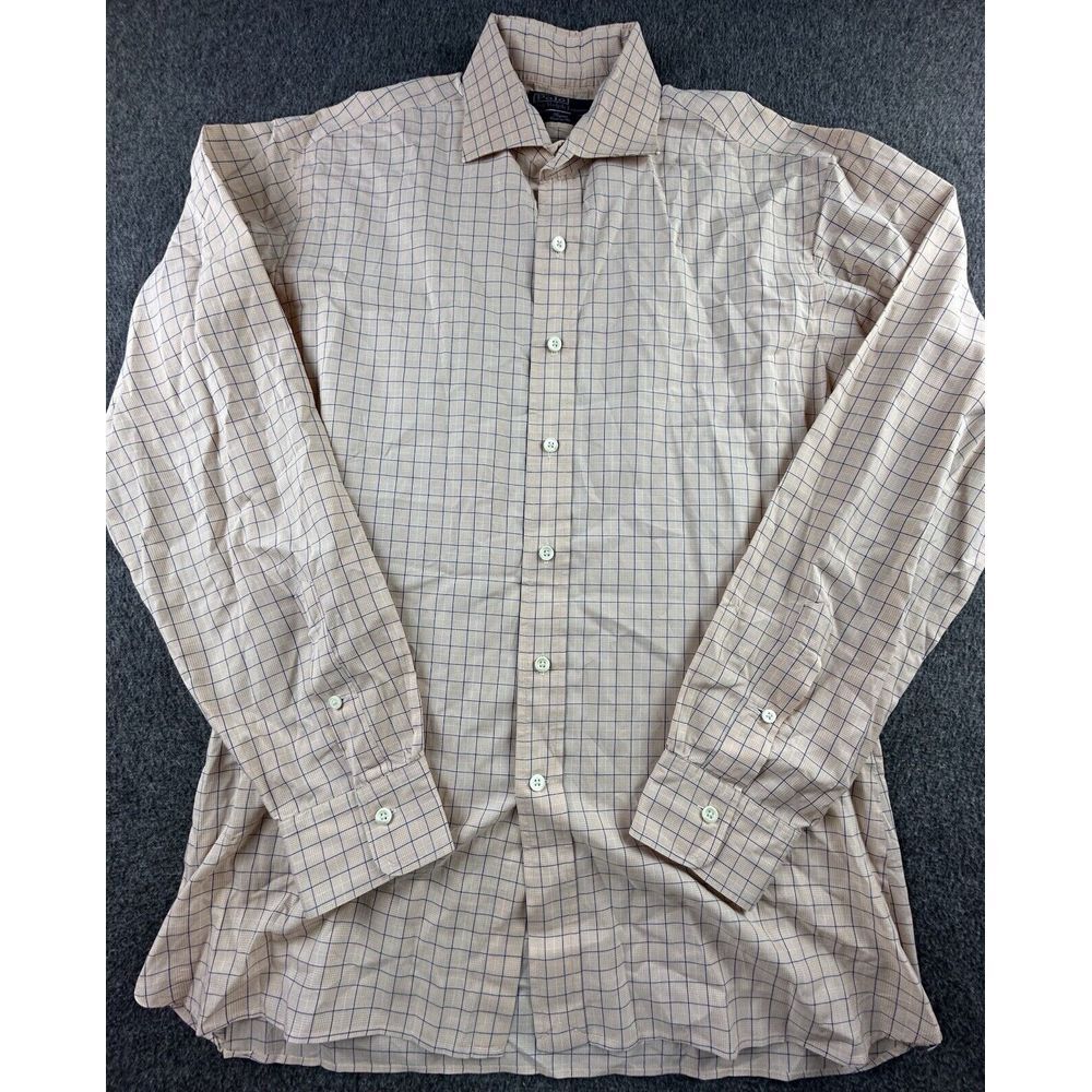 Polo Ralph Lauren Shirt Men 17-36 Peach Blue Checkered Buttons Regent Custom Fit